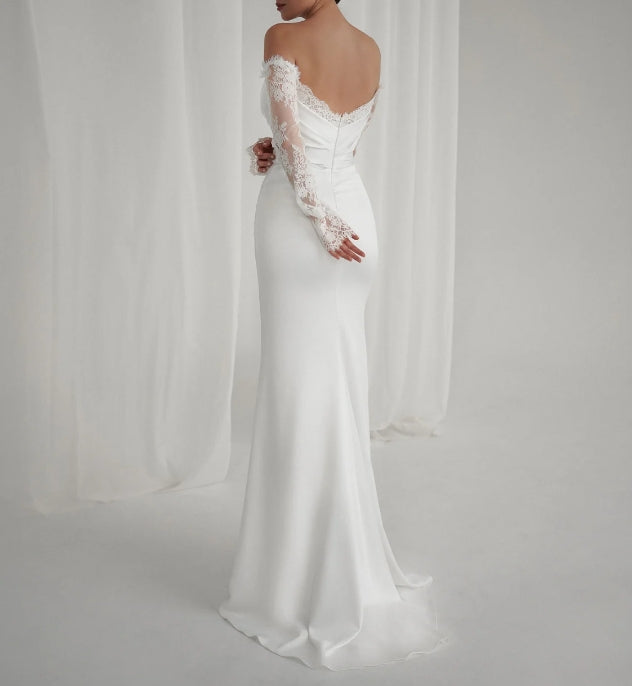 Elegant satin Off-Shoulder Lace Sleeve Bridal Gown with Classic Corset & Train. Open low back wedding delicate dress