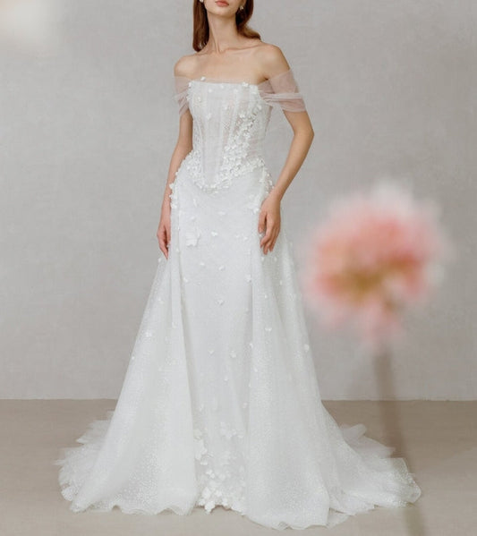 Luxurious off shoulder wedding dress with train corset strapless mermaid wedding dress