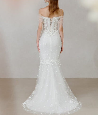 Luxurious off shoulder wedding dress with train corset strapless mermaid wedding dress