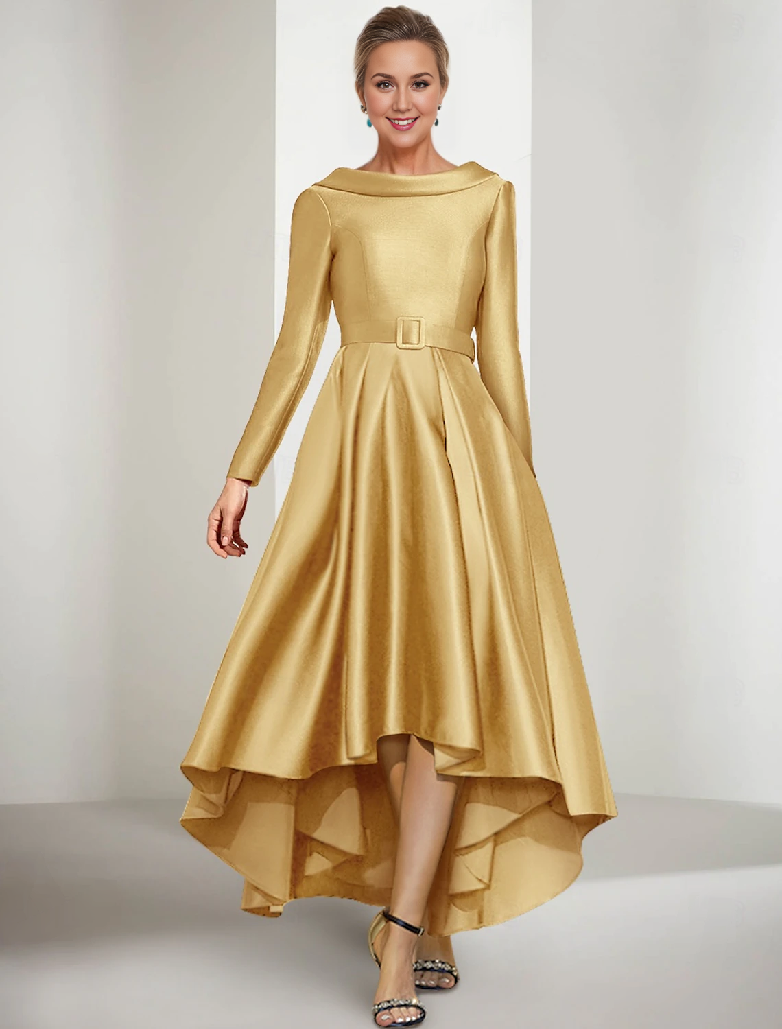 A-Line Mother of the Bride Dress Elegant Jewel Neck Asymmetrical Satin Long Sleeve with