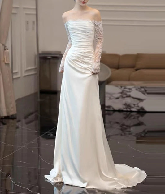 Lace Sleeves White Sheath Wedding Dress