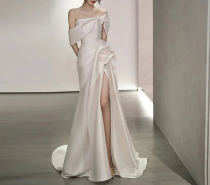 Off Shoulder Satin Wedding Dress White Mermaid Long Prom Dress with