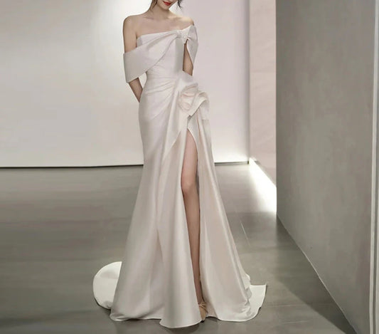 Off Shoulder Satin Wedding Dress White Mermaid Long Prom Dress with