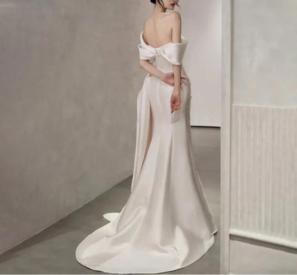 Off Shoulder Satin Wedding Dress White Mermaid Long Prom Dress with