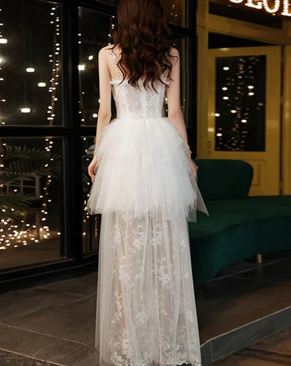 Spaghetti Strap White Tulle Prom Dress Lace layer Wedding Dress