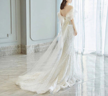 Mermaid Sequins Wedding Dress Off Shoulder Long Evening Dress with Train