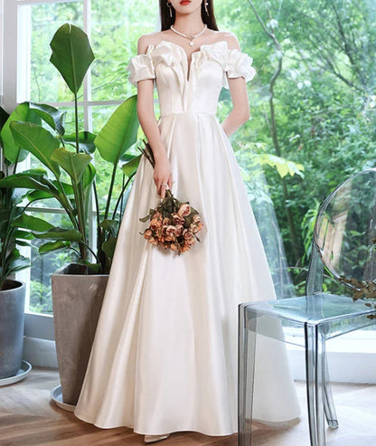 Off Shoulder Satin White Wedding Dress A Line Prom Dress