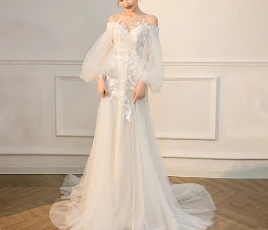 Long Sleeves Wedding Dress Fairy Bridal Off Shoulder Prom Dress with