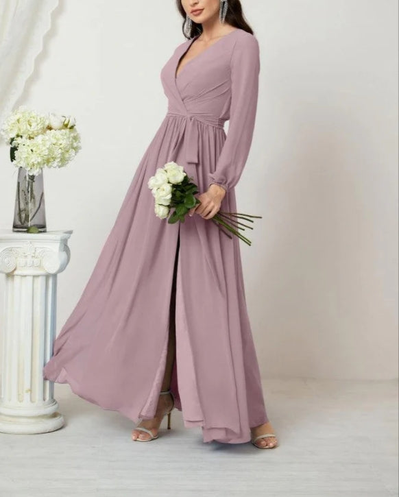 V-Neck Chiffon Bridesmaid Dresses Long Bishop Sleeve Side Split Formal Dress
