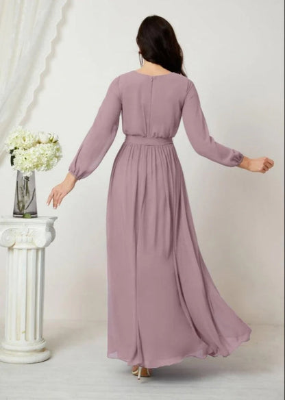 V-Neck Chiffon Bridesmaid Dresses Long Bishop Sleeve Side Split Formal Dress