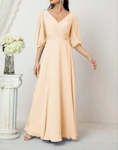Formal Prom Gown Women V-Neck Chiffon Bridesmaid Dresses Long Bishop Sleeve Party Dress