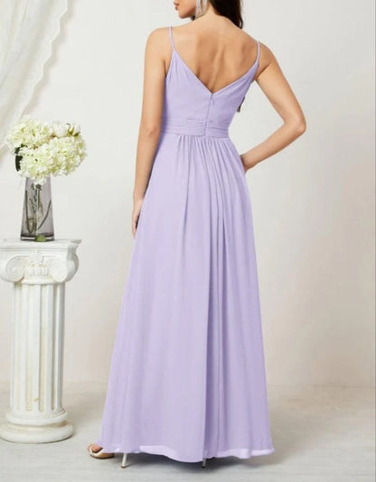 V-Neck Bridesmaid Dress Spaghetti Strap Long Formal Party Prom Gowns with Slit