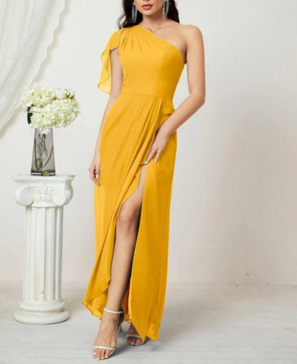 Chiffon Ruffled One Shoulder Long Bridesmaid Dresses A-line Formal Evening Gown Side Split