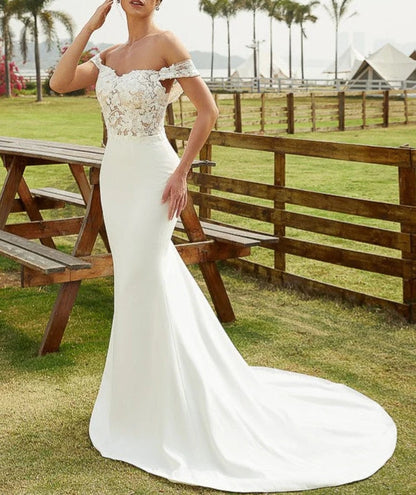 Sheath Column Stretch Crepe Lace Off-the-Shoulder Sleeveless Court Train Wedding Dresses