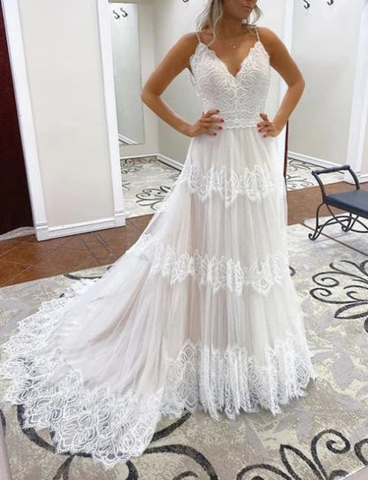A-line Spaghetti Straps Lace Bridal Gonws Rustic Wedding Dress