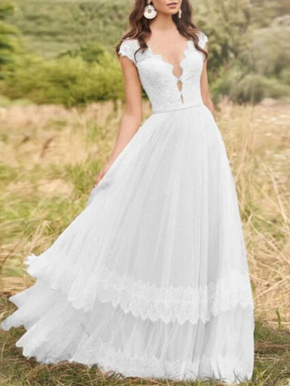 Tulle Lace A-line V-neck Cap Sleeves Rustic Wedding Dresses Bridal Gown