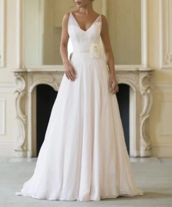 Simple Chiffon A-line V-neck Sleeveless Floor Length Beach Wedding Dresses