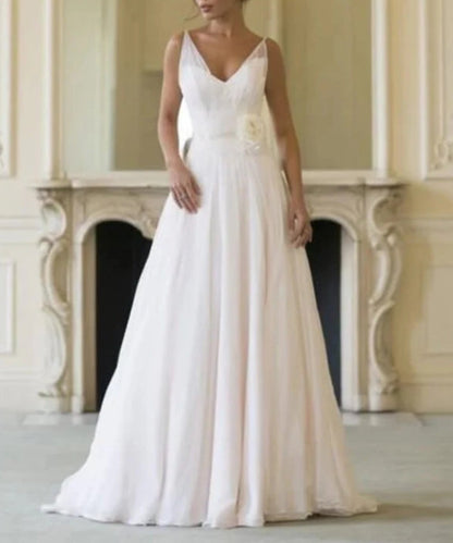 Simple Chiffon A-line V-neck Sleeveless Floor Length Beach Wedding Dresses