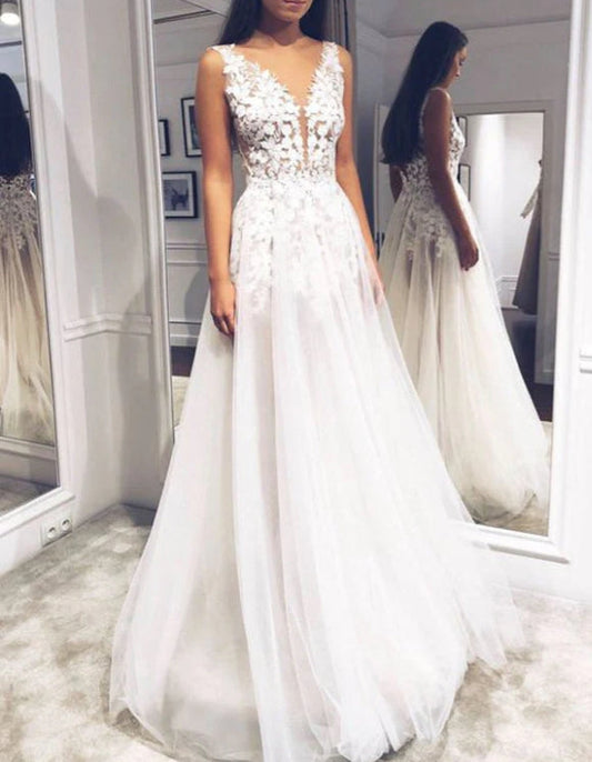 A-line V-neck Open Back Lace Wedding Dresses Simple Wedding Dresses