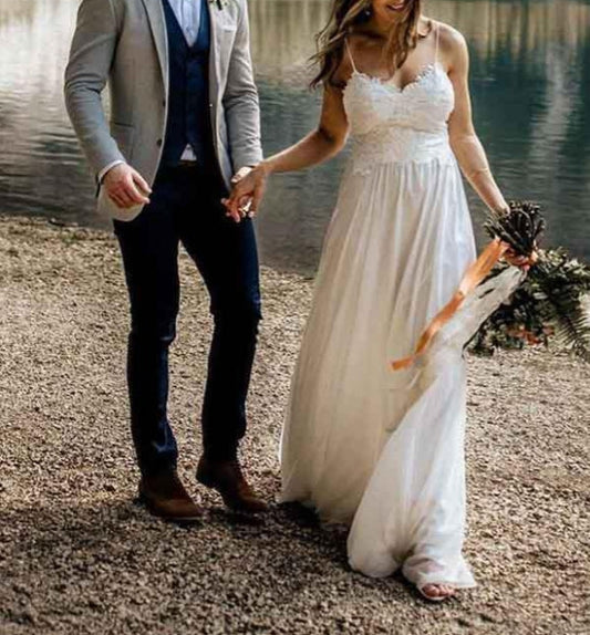 A-line Lace Spaghetti Straps Beach Wedding Dresses With Train