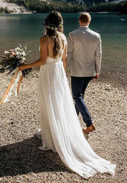 A-line Lace Spaghetti Straps Beach Wedding Dresses With Train