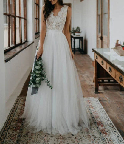A-ine V-neck Open Back Tulle & Lace Wedding Dresses Beach Wedding Dresses