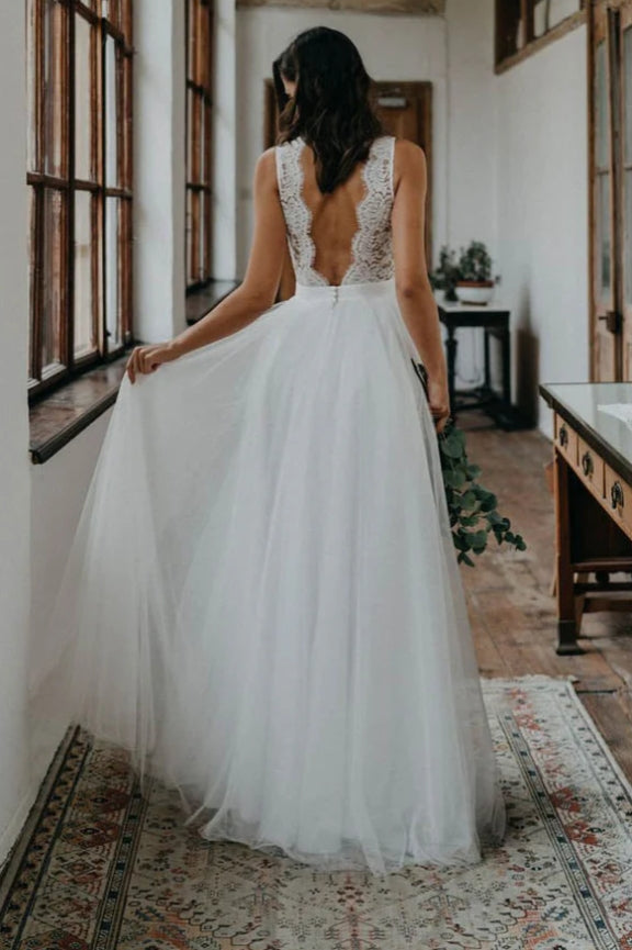 A-ine V-neck Open Back Tulle & Lace Wedding Dresses Beach Wedding Dresses
