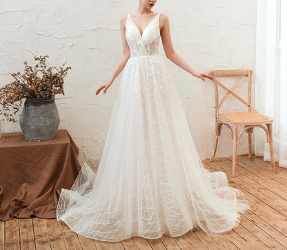 V Neck Sleeveless Lace Wedding Dresses Vestido Backless A Line Sweep Train