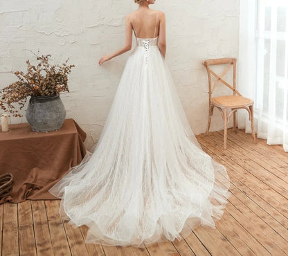 V Neck Sleeveless Lace Wedding Dresses Vestido Backless A Line Sweep Train