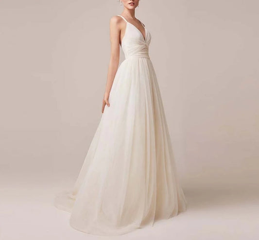 Sexy Spaghetti Straps Tulle Wedding Dress Vestido Sleeveless V-neck Backless Bride Dresses Robe De Mariage