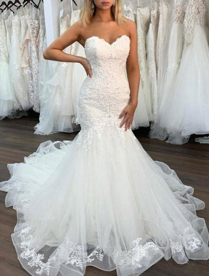 Sexy Lace Mermaid Sweetheart Wedding Dress With Ruffles Bridal Gown