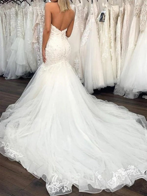 Sexy Lace Mermaid Sweetheart Wedding Dress With Ruffles Bridal Gown