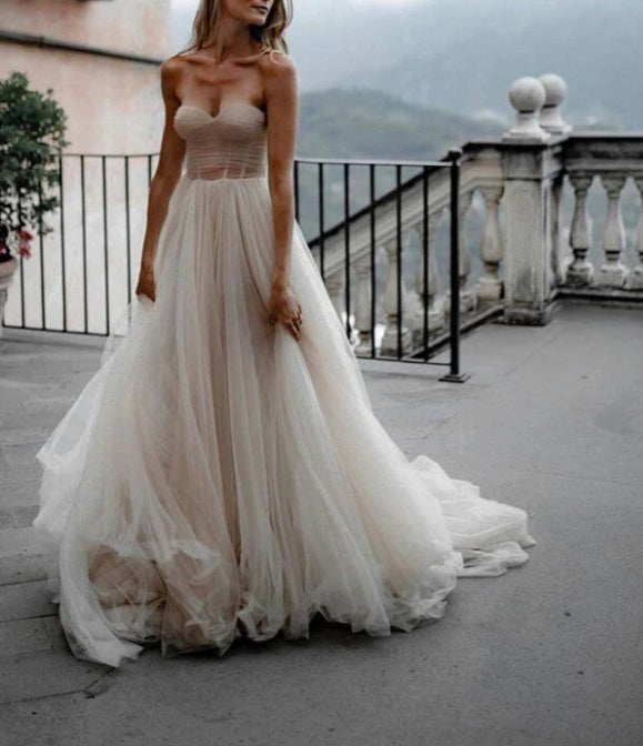 Rustic Tulle Pleated A-line Sweetheart Wedding Dresses Bridal Gown