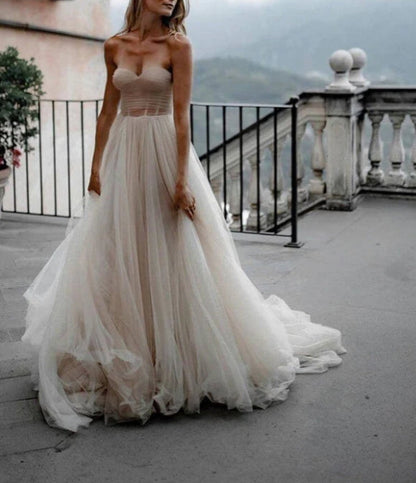 Rustic Tulle Pleated A-line Sweetheart Wedding Dresses Bridal Gown