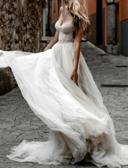 Rustic Tulle Pleated A-line Sweetheart Wedding Dresses Bridal Gown