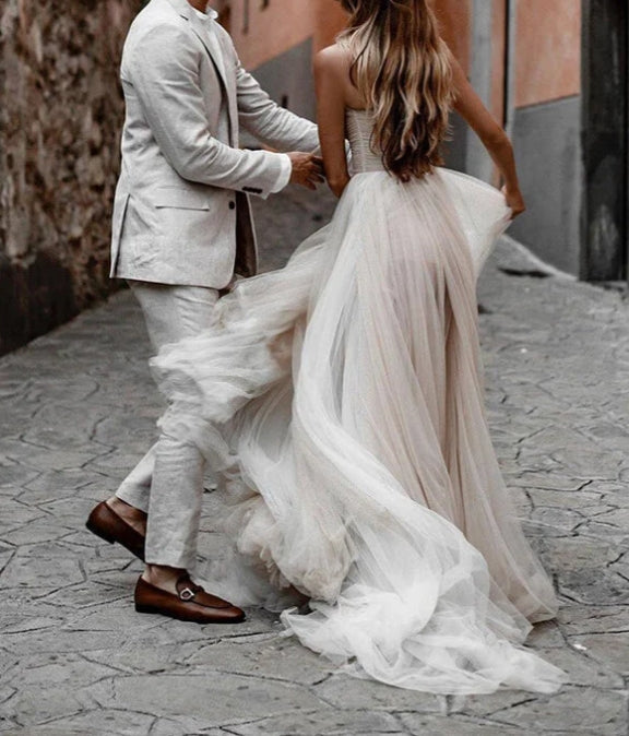 Rustic Tulle Pleated A-line Sweetheart Wedding Dresses Bridal Gown