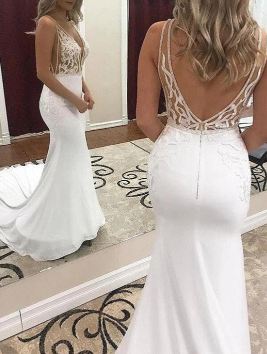 Mermaid Deep V-neck Wedding Dresses With Lace Appliques, Bridal Gown
