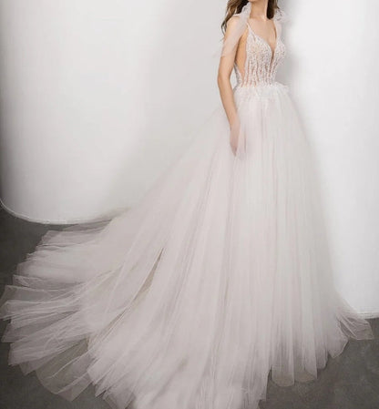 Boho Bridal Gown new Sexy V-neck backless Bride Wedding Dress Luxury Crystal and Pearls Vestido de novia Robe de mariee