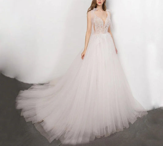 Boho Bridal Gown new Sexy V-neck backless Bride Wedding Dress Luxury Crystal and Pearls Vestido de novia Robe de mariee