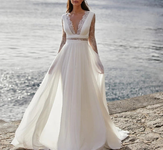 Bohemian Wedding Dress Long Sleeve V-Neck Floor Length Chiffon A-Line lace Back Bridal Gowns With Belt Charming For Women
