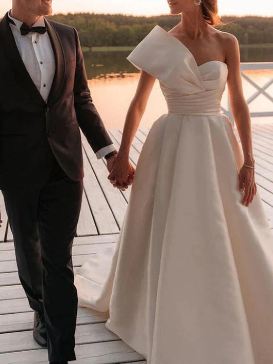 Vintage Satin One Shoulder Ball Gown Wedding Dresses With Train