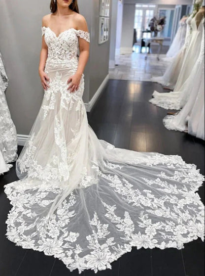 Lace Mermaid Off-the-Shoulder Vintage Wedding Dresses Bridal Gown