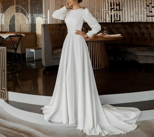 Simple Soft Satin Wedding Dresses Long Sleeve Muslim Bridal Gowns Dubai Back Button