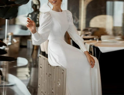 Simple Soft Satin Wedding Dresses Long Sleeve Muslim Bridal Gowns Dubai Back Button