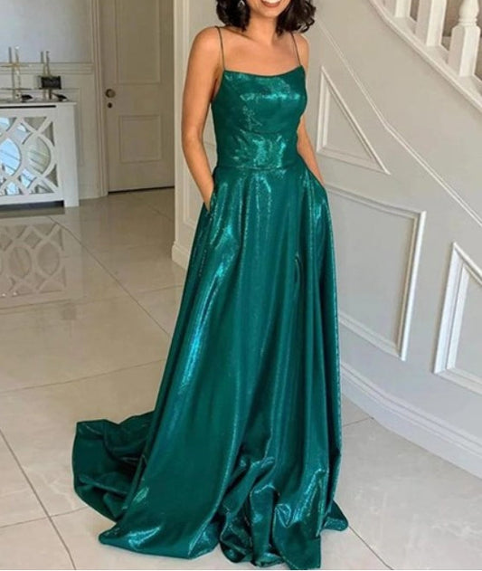Teal A-Line/Princess Long Spaghetti Straps Backless Prom Dresses