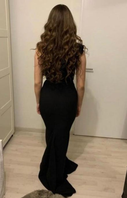 Black Mermaid Ruffle Floor Length One Shoulder Prom Dresses