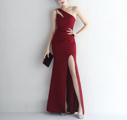 Burgundy One Shoulder Keyhole Long Ruched Split Front Prom Dresses