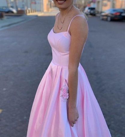 Pink A-Line Spaghetti Straps Long Satin Side Cut Out Prom Dresses