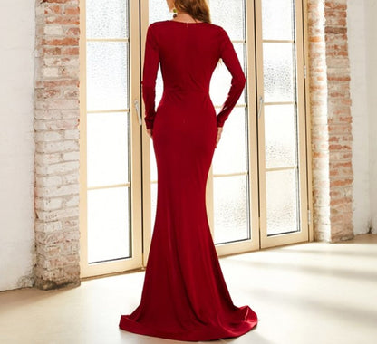 Burgundy Mermaid V-Neck Split Front Long Sleeves Prom Dresses