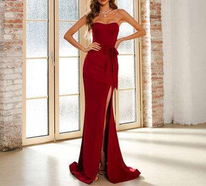 Burgundy Long Strapless Mermaid Prom Dress With Slits Up The Side
